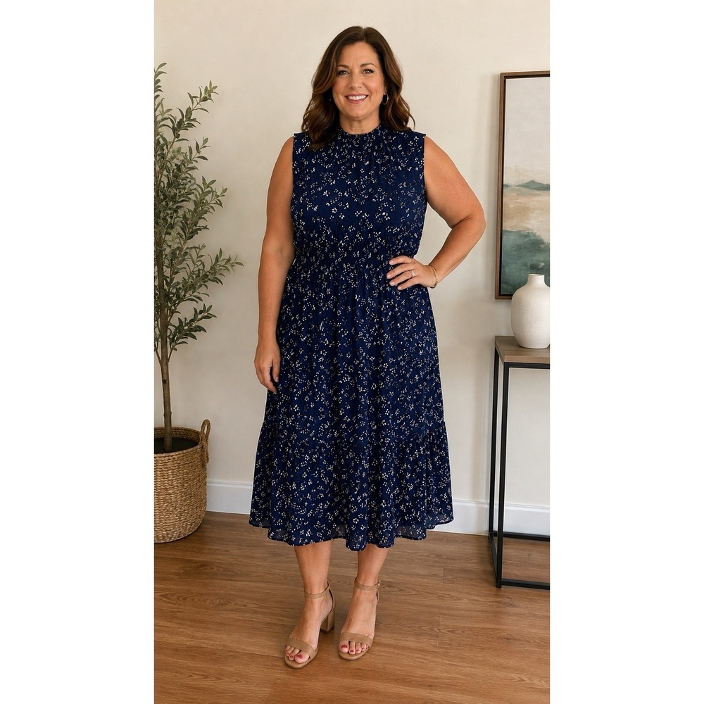 Nanette Lepore Mock Neck Floral Print Dress Cottagecore Size 16 Blue Black - Picture 1 of 5